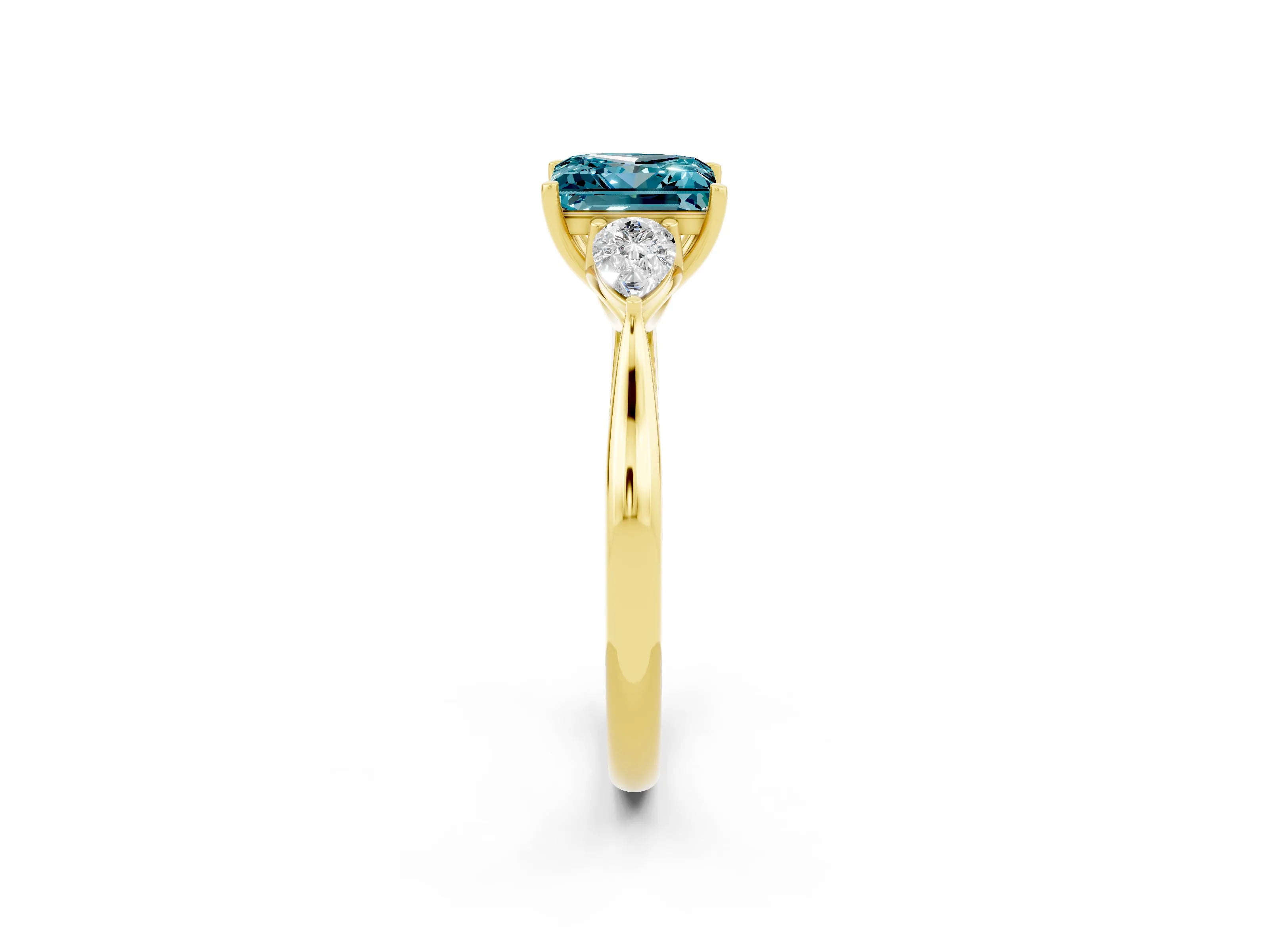 Yellow gold Princess Cut Blue Topaz Three-Stone Ring with Pear Side Stones and Four-Prong Setting_14