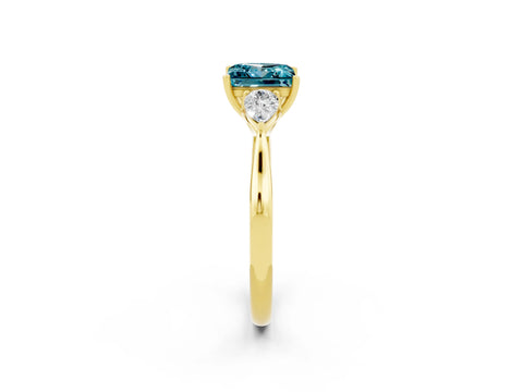 Yellow gold Princess Cut Blue Topaz Three-Stone Ring with Pear Side Stones and Four-Prong Setting_14