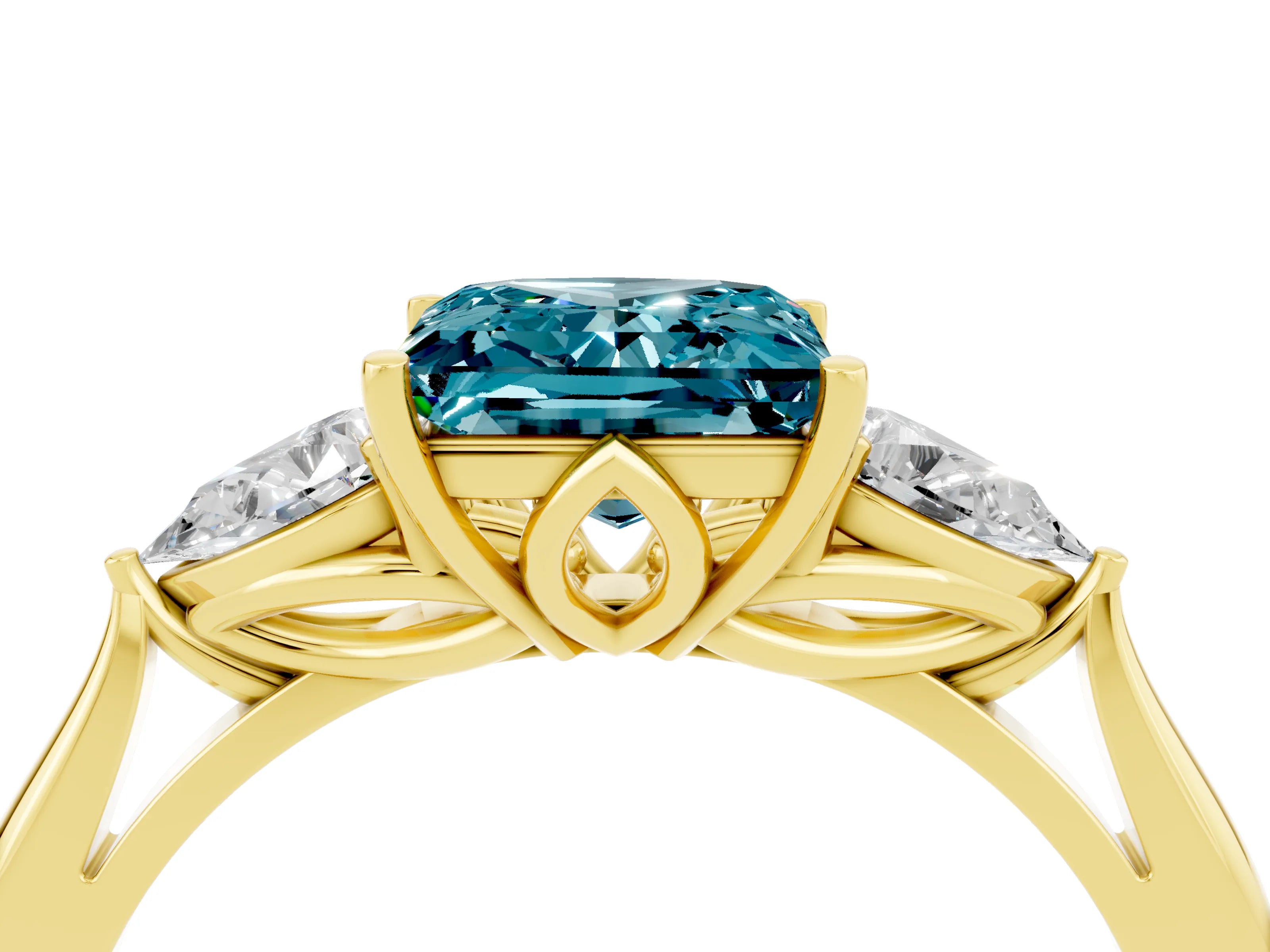 Yellow gold Princess Cut Blue Topaz Three-Stone Ring with Pear Side Stones and Four-Prong Setting_16