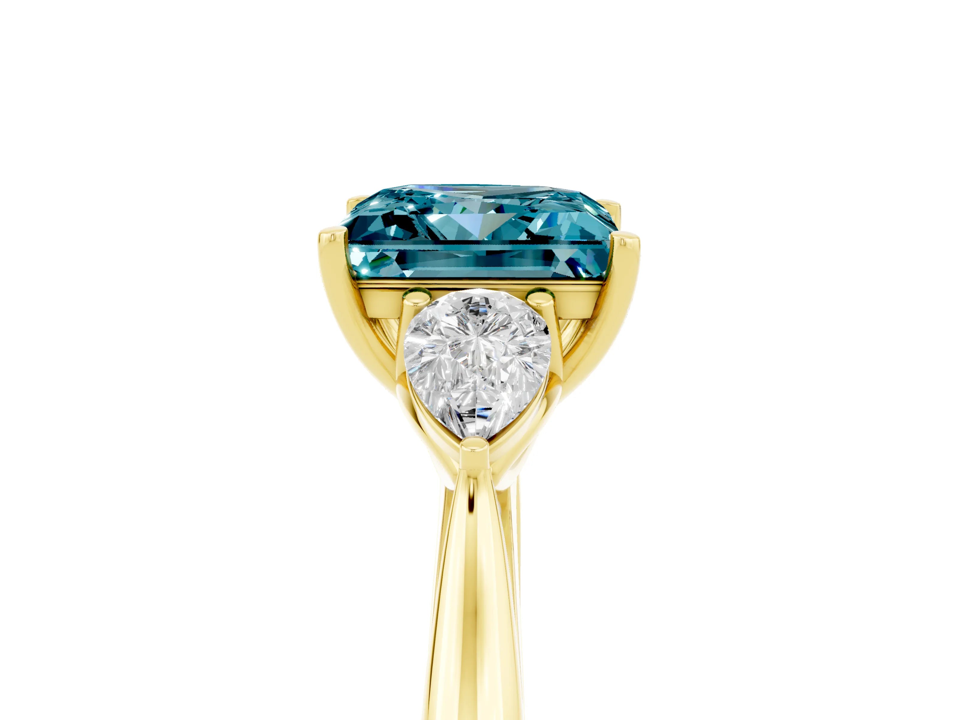 Yellow gold Princess Cut Blue Topaz Three-Stone Ring with Pear Side Stones and Four-Prong Setting_17