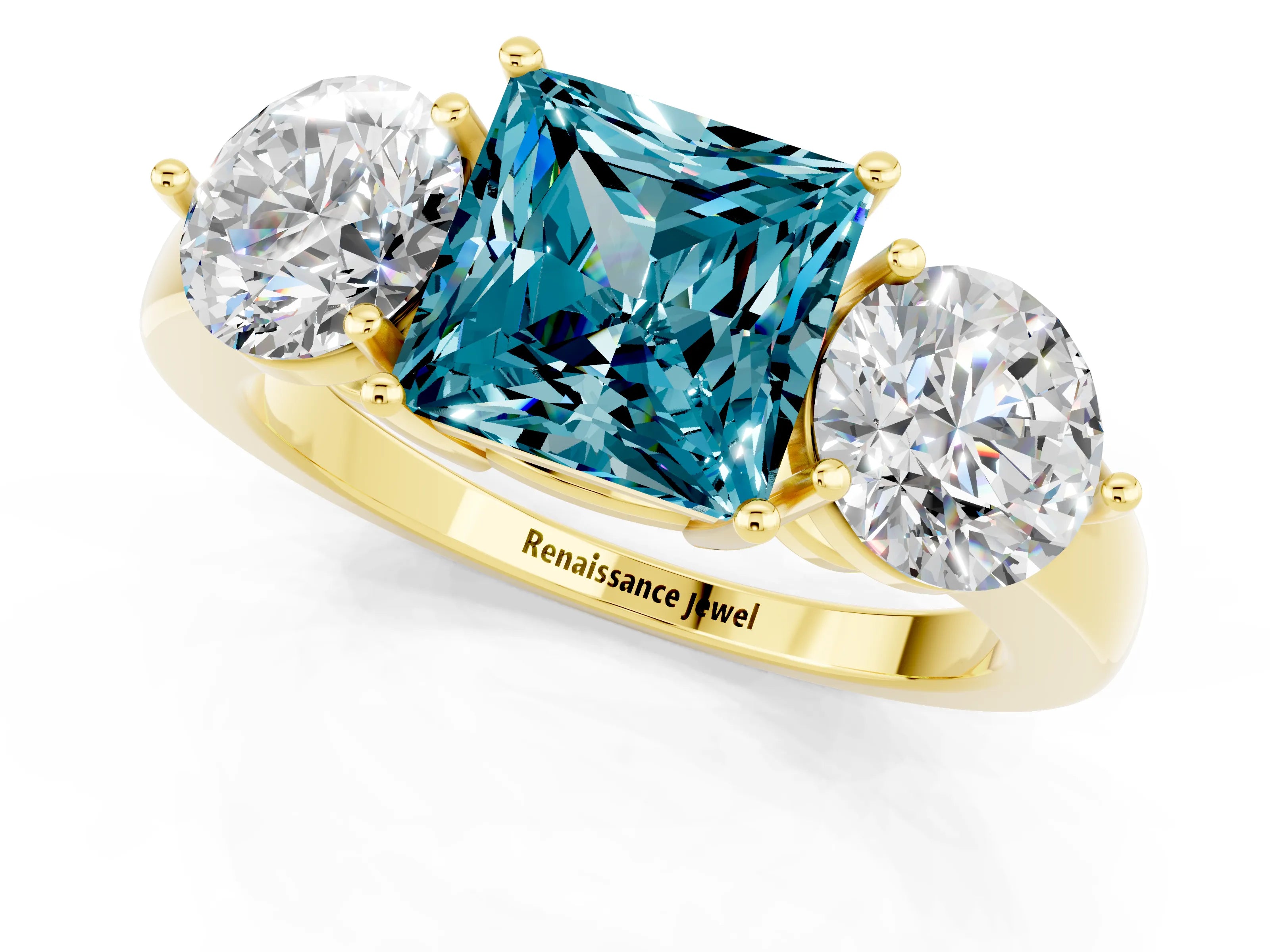 Yellow gold Princess Cut Blue Topaz Three-Stone Ring with Prong Setting and Classic Band_1