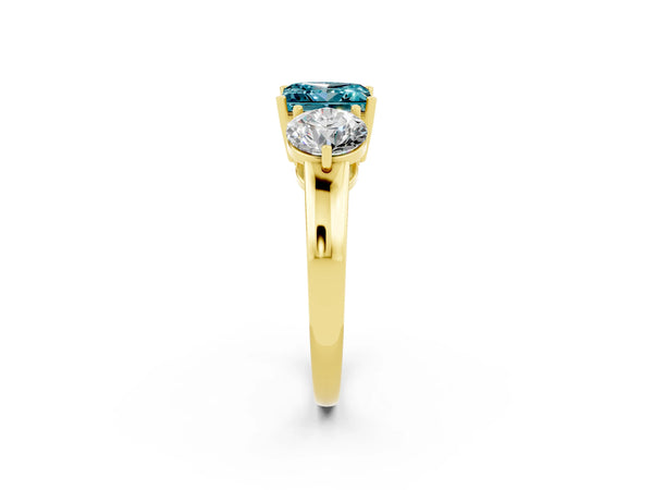 Yellow gold Princess Cut Blue Topaz Three-Stone Ring with Prong Setting and Classic Band