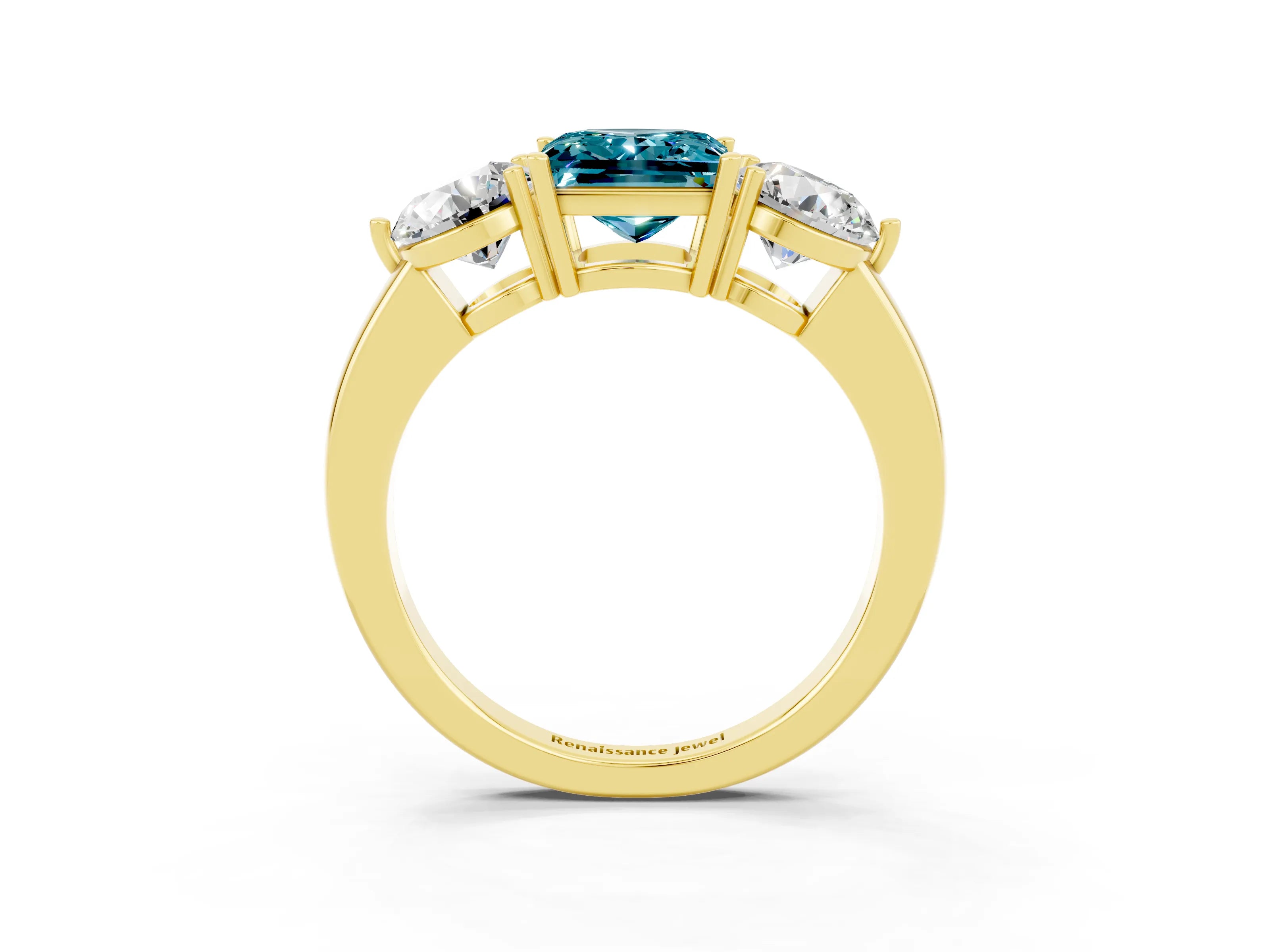 Yellow gold Princess Cut Blue Topaz Three-Stone Ring with Prong Setting and Classic Band_3
