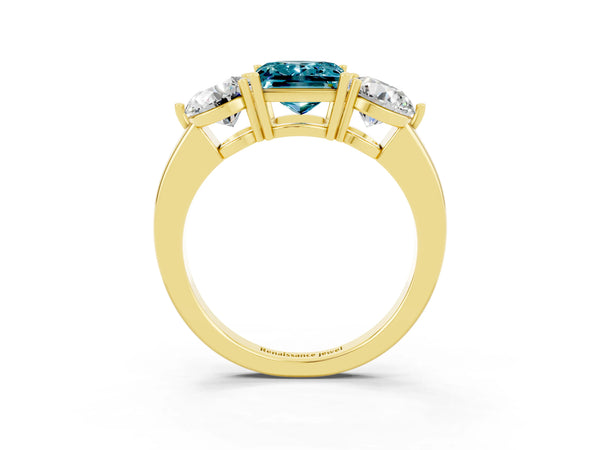 Yellow gold Princess Cut Blue Topaz Three-Stone Ring with Prong Setting and Classic Band
