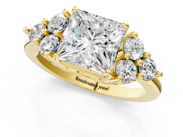 Yellow gold Princess Cut Brilliant Diamond Cluster Accent Solitaire Ring with Prong Setting