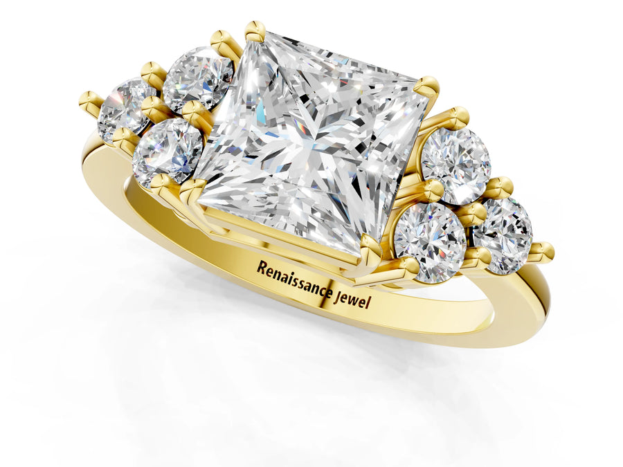 Yellow gold Princess Cut Brilliant Diamond Cluster Accent Solitaire Ring with Prong Setting