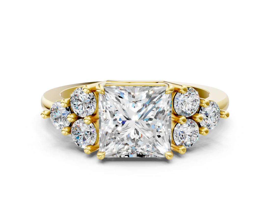 Yellow gold Princess Cut Brilliant Diamond Cluster Accent Solitaire Ring with Prong Setting_3