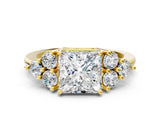 Yellow gold Princess Cut Brilliant Diamond Cluster Accent Solitaire Ring with Prong Setting_3
