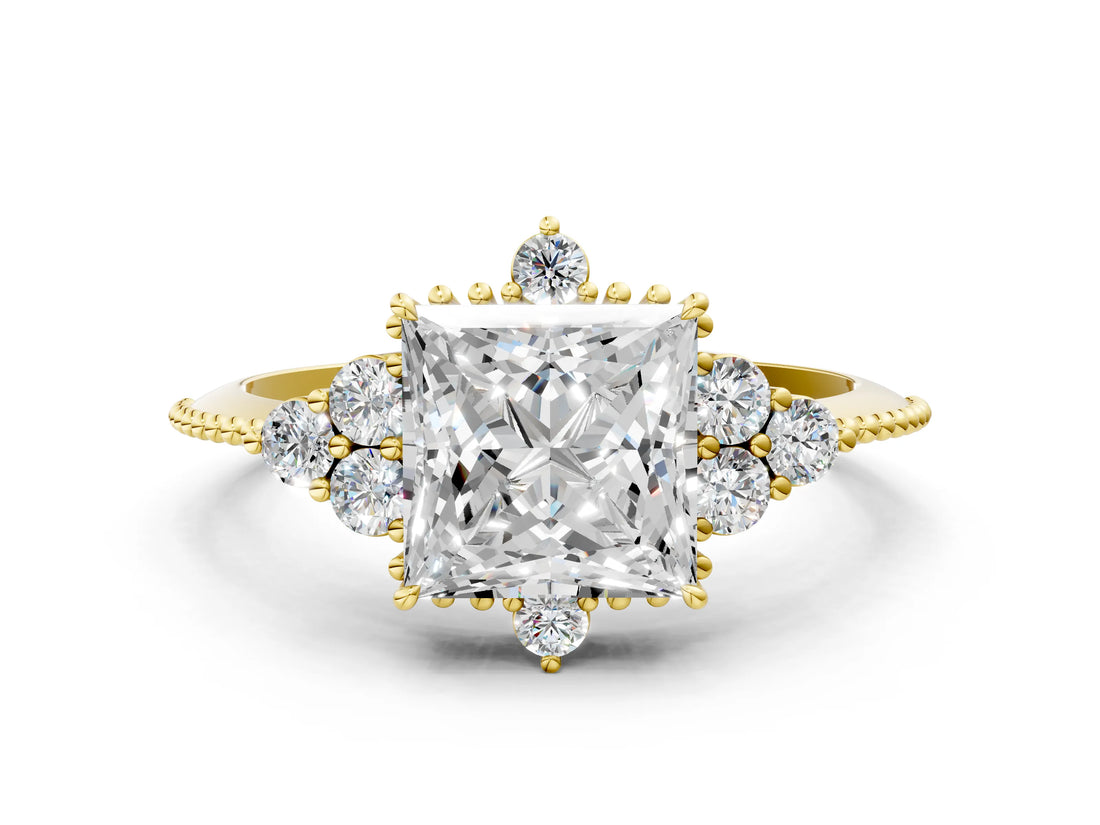 Yellow gold Princess Cut Brilliant Diamond with Cluster Setting on a Beaded Band and Four-Prong Setting_15