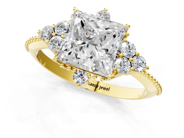 Yellow Gold Princess Cut Vintage Cluster Engagement Ring Setting with Beaded Band