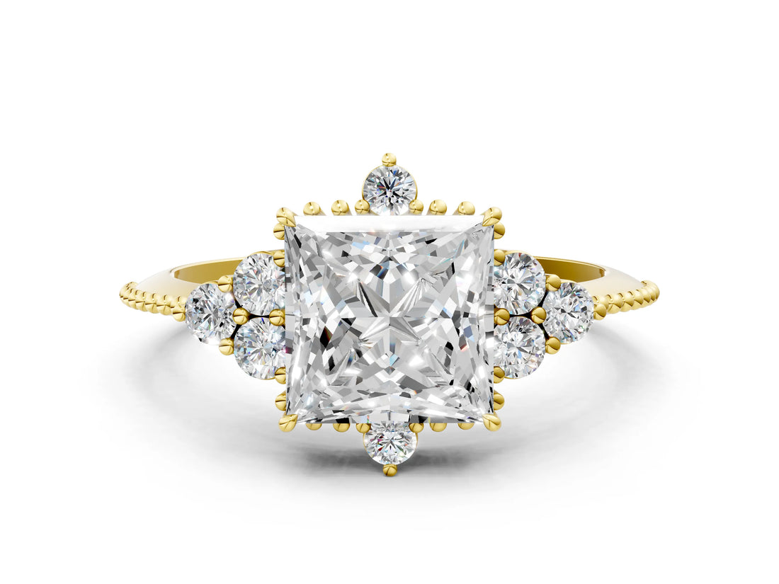 Yellow gold Princess Cut Brilliant Diamond with Cluster Setting on a Beaded Band and Four-Prong Setting_3