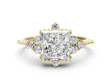 Yellow gold Princess Cut Brilliant Diamond with Cluster Setting on a Beaded Band and Four-Prong Setting_3