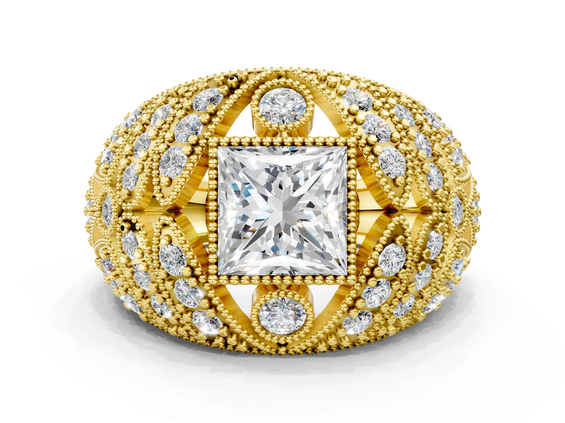 Yellow gold Princess Cut Brilliant Halo Pave Diamond Milgrain Ring_13