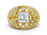 Yellow gold Princess Cut Brilliant Halo Pave Diamond Milgrain Ring_13