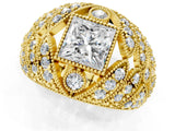Yellow gold Princess Cut Brilliant Halo Pave Diamond Milgrain Ring_14