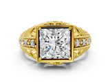 Yellow gold Princess Cut Brilliant Milgrain Filigree Diamond Ring with Square Prong Setting_15