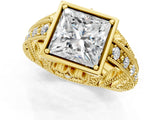 Yellow gold Princess Cut Brilliant Milgrain Filigree Diamond Ring with Square Prong Setting_16