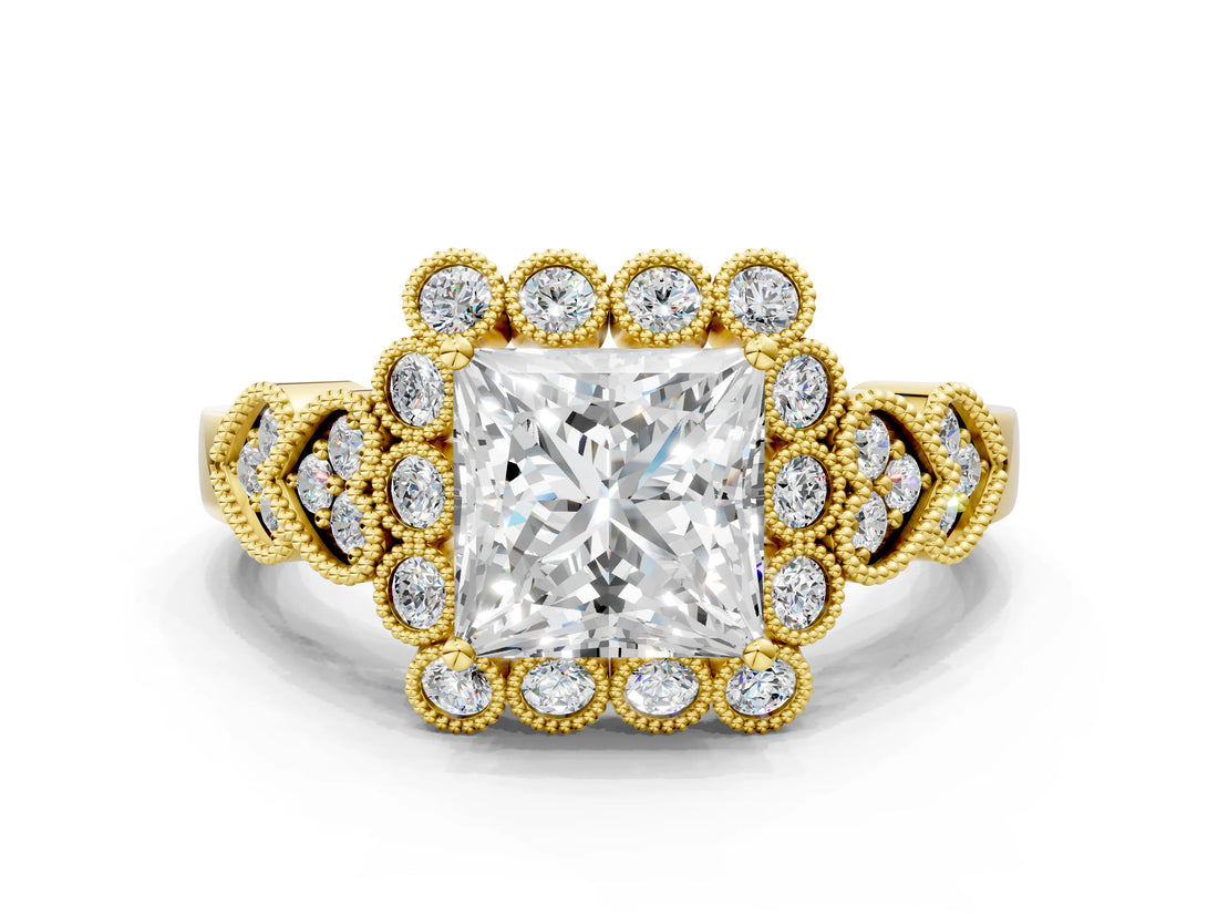 Yellow gold Princess Cut Brilliant Milgrain Pave Heart Band Solitaire Ring_3