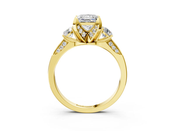 Yellow gold Princess Cut Brilliant Three-Stone Diamond Ring with Pavé Band and Four-Prong Setting