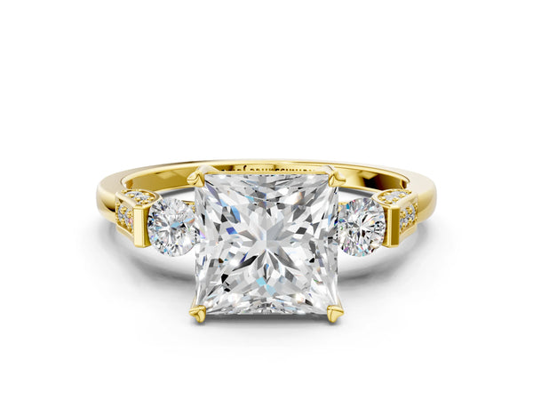 Yellow gold Princess Cut Brilliant Three-Stone Pave Band with Four-Prong Setting
