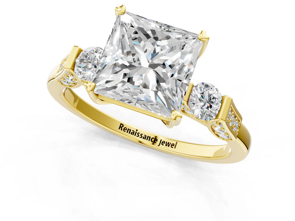 Yellow gold Princess Cut Brilliant Three-Stone Pave Band with Four-Prong Setting
