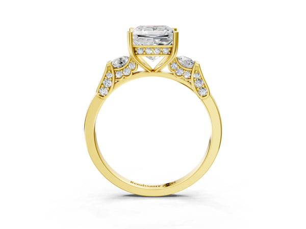 Yellow gold Princess Cut Brilliant Three-Stone Pave Band with Four-Prong Setting