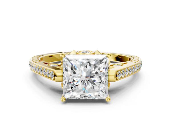Yellow gold Princess Cut Cathedral Pave Diamond Engagement Ring with Six-Prong Setting