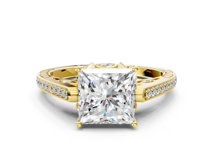 Yellow gold Princess Cut Cathedral Pave Diamond Engagement Ring with Six-Prong Setting