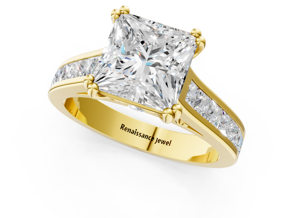 Yellow Gold Princess Cut Channel Set Solitaire Engagement Ring Setting with Double Claw Prongs
