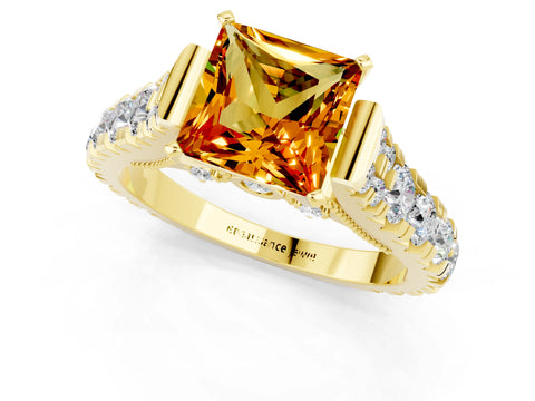 Yellow gold Princess Cut Citrine Classic Solitaire Ring with Pavé Band and Four-Prong Setting_1