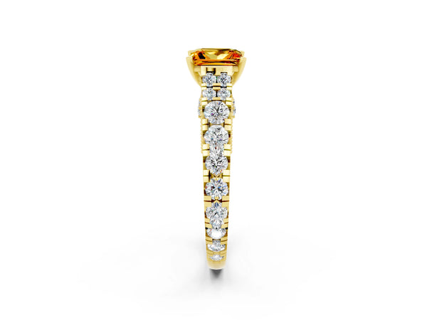 Yellow gold Princess Cut Citrine Classic Solitaire Ring with Pavé Band and Four-Prong Setting