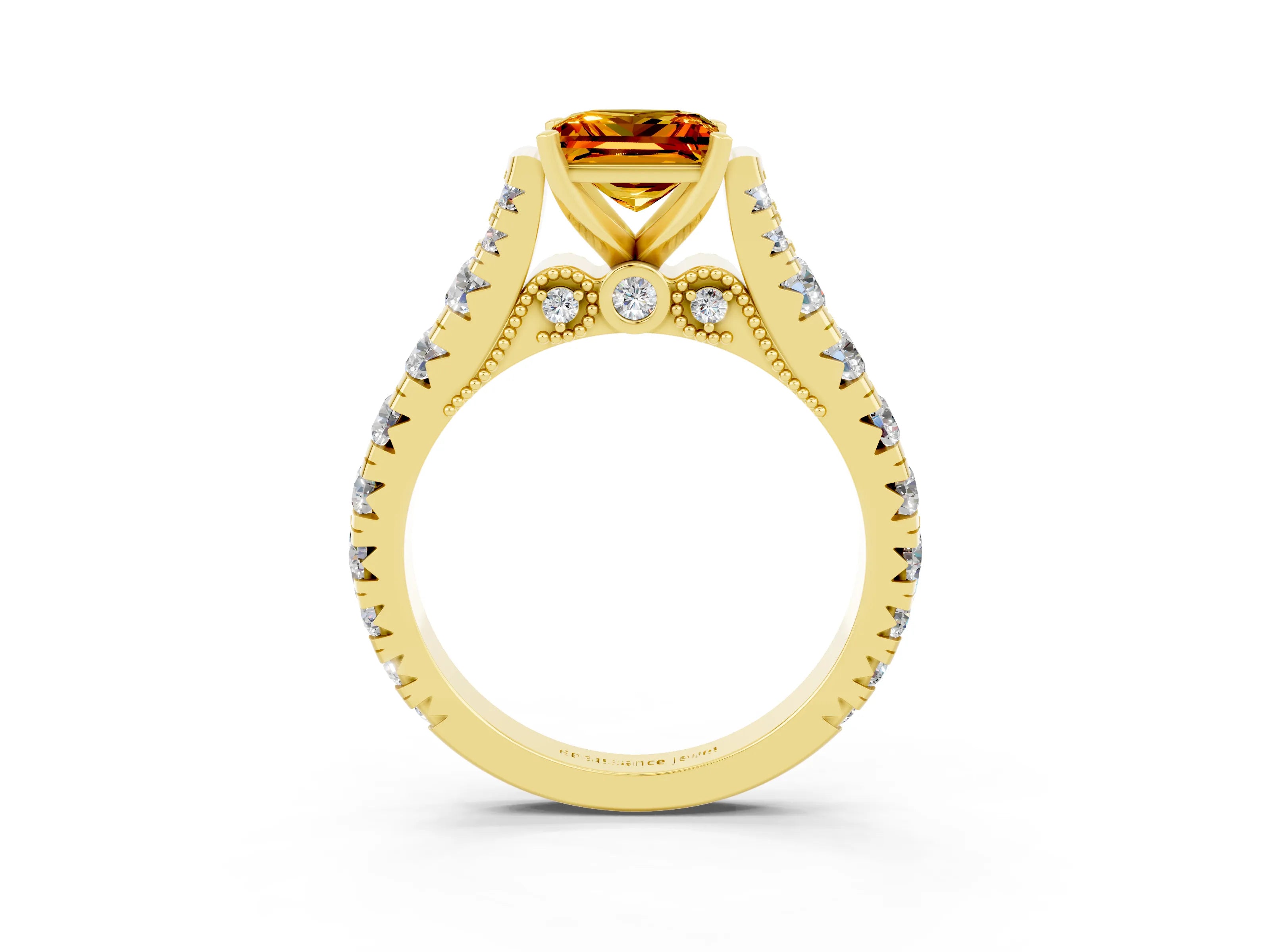 Yellow gold Princess Cut Citrine Classic Solitaire Ring with Pavé Band and Four-Prong Setting_3