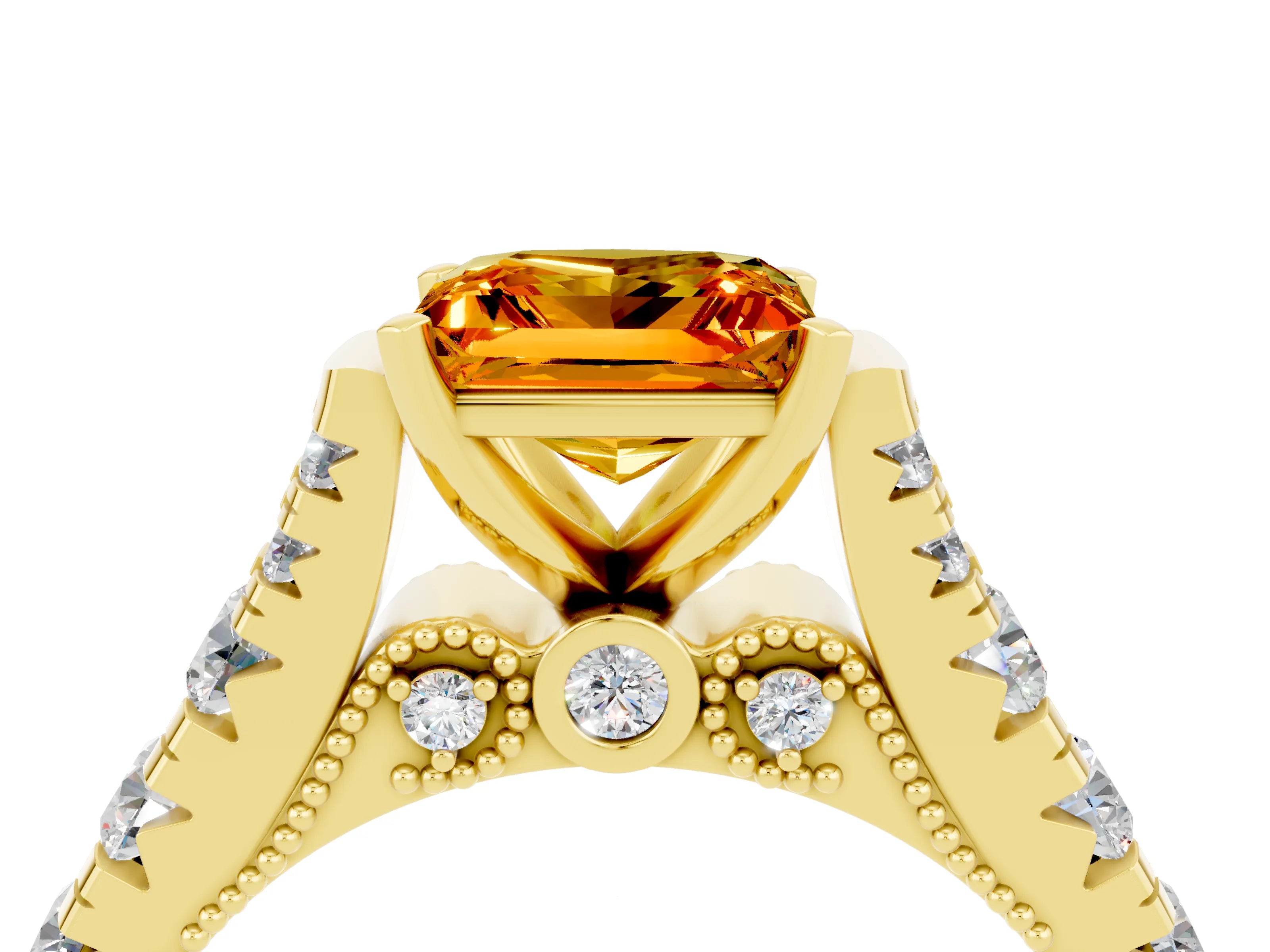 Yellow gold Princess Cut Citrine Classic Solitaire Ring with Pavé Band and Four-Prong Setting_4