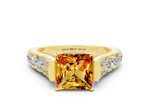 Yellow gold Princess Cut Citrine Classic Solitaire Ring with Pavé Band and Four-Prong Setting