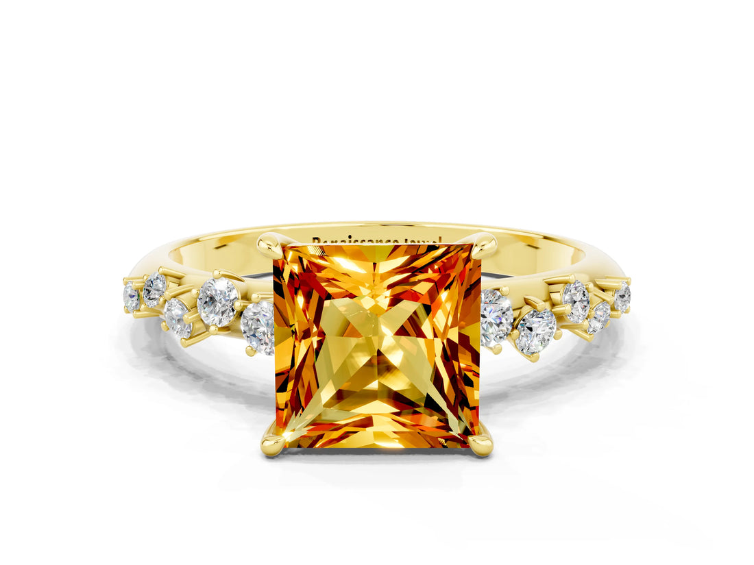 Yellow gold Princess Cut Citrine Cluster Side Stone Solitaire Ring with Prong Setting_24