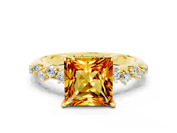 Yellow gold Princess Cut Citrine Cluster Side Stone Solitaire Ring with Prong Setting