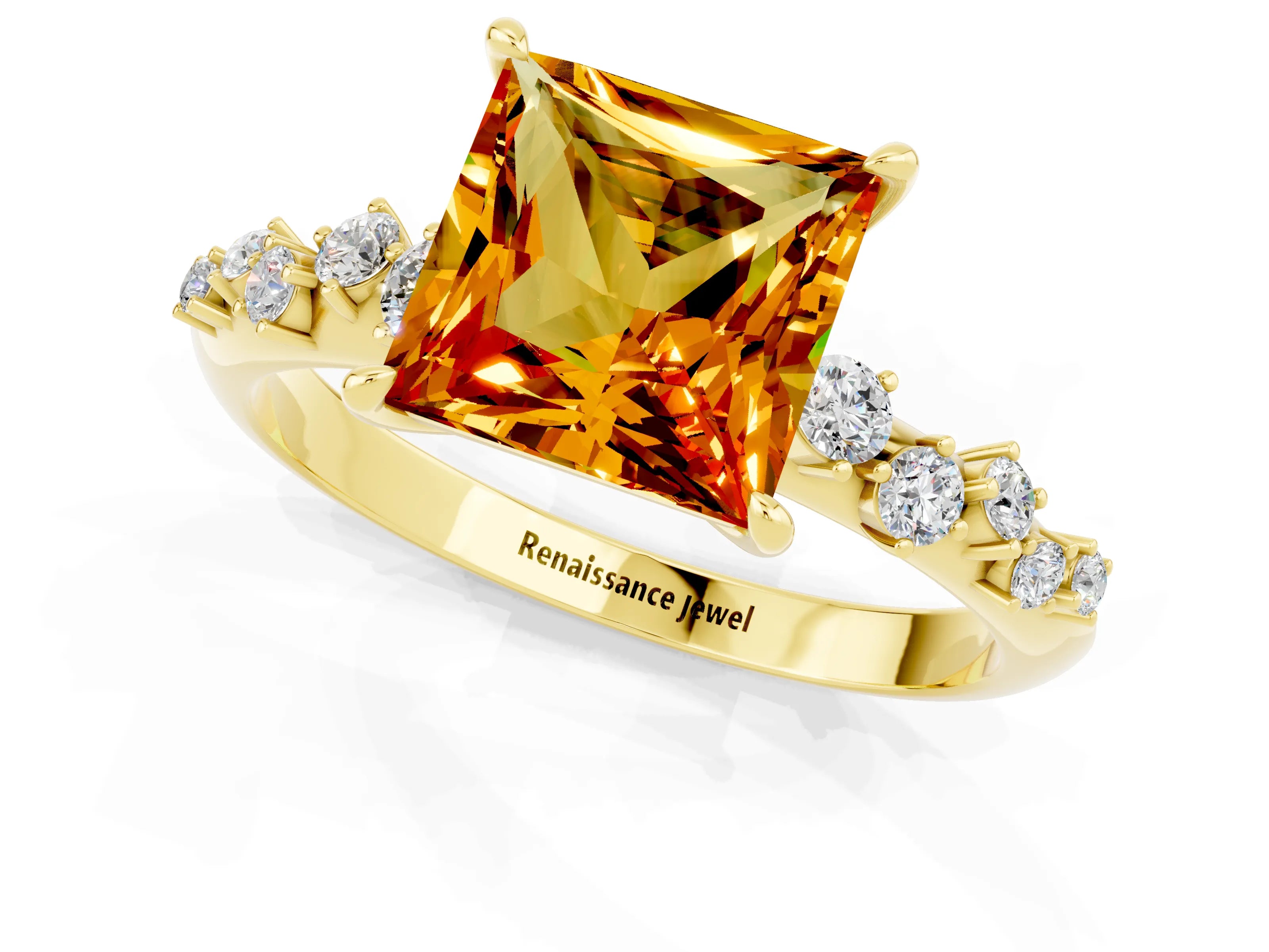 Yellow gold Princess Cut Citrine Cluster Side Stone Solitaire Ring with Prong Setting_25