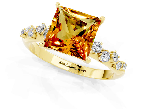Yellow gold Princess Cut Citrine Cluster Side Stone Solitaire Ring with Prong Setting