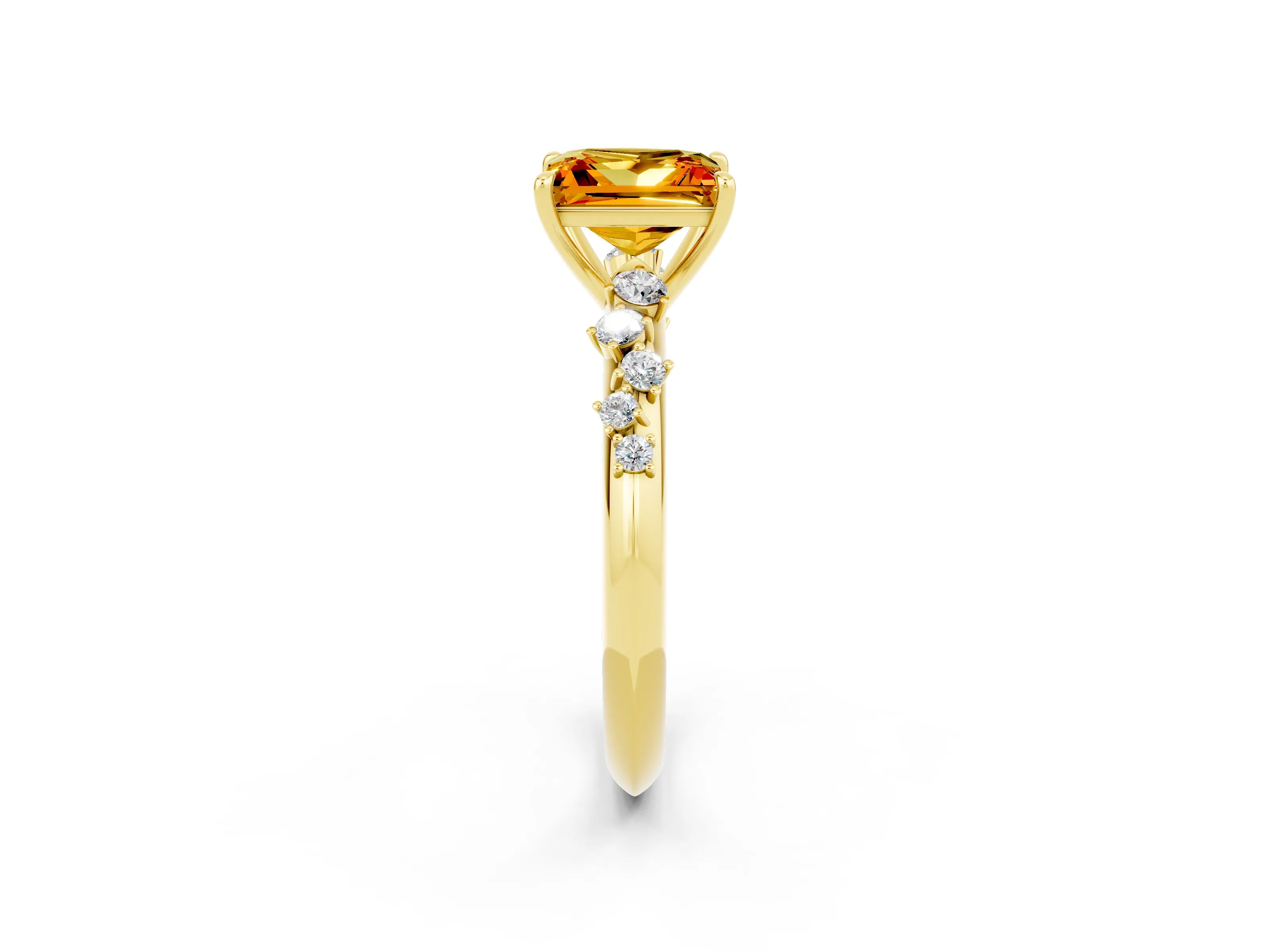 Yellow gold Princess Cut Citrine Cluster Side Stone Solitaire Ring with Prong Setting_26