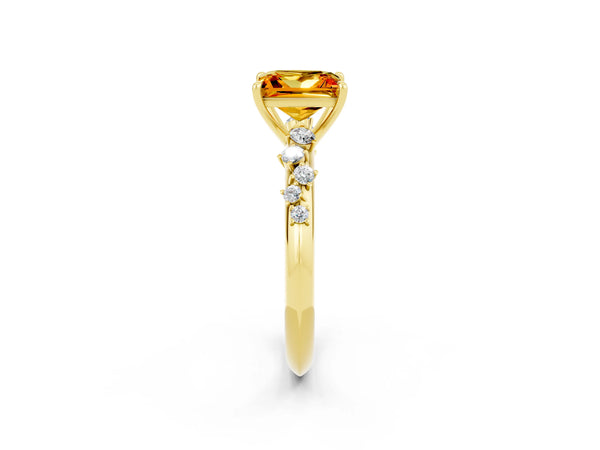 Yellow gold Princess Cut Citrine Cluster Side Stone Solitaire Ring with Prong Setting