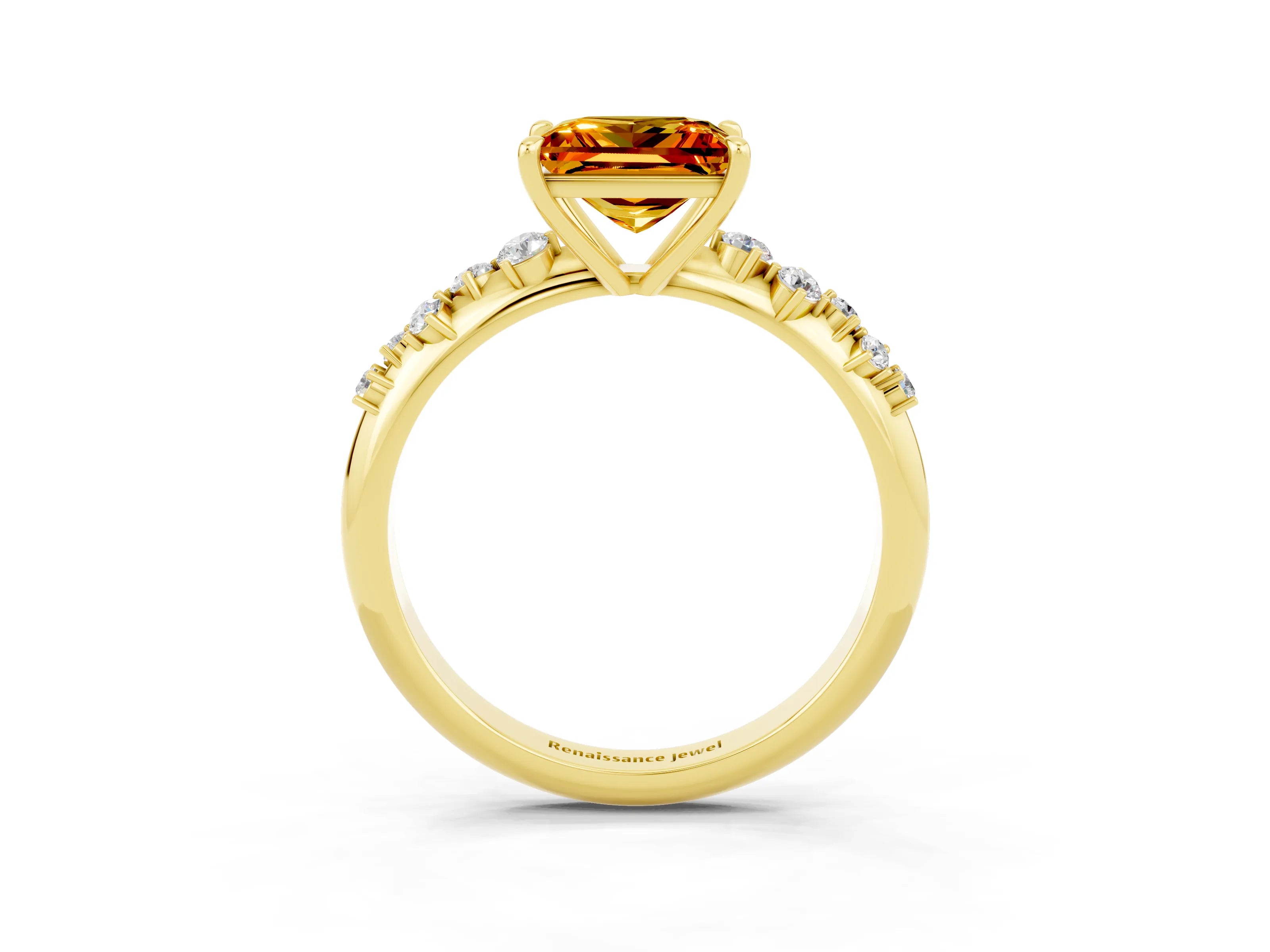 Yellow gold Princess Cut Citrine Cluster Side Stone Solitaire Ring with Prong Setting_27