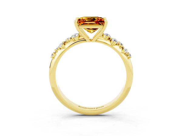 Yellow gold Princess Cut Citrine Cluster Side Stone Solitaire Ring with Prong Setting