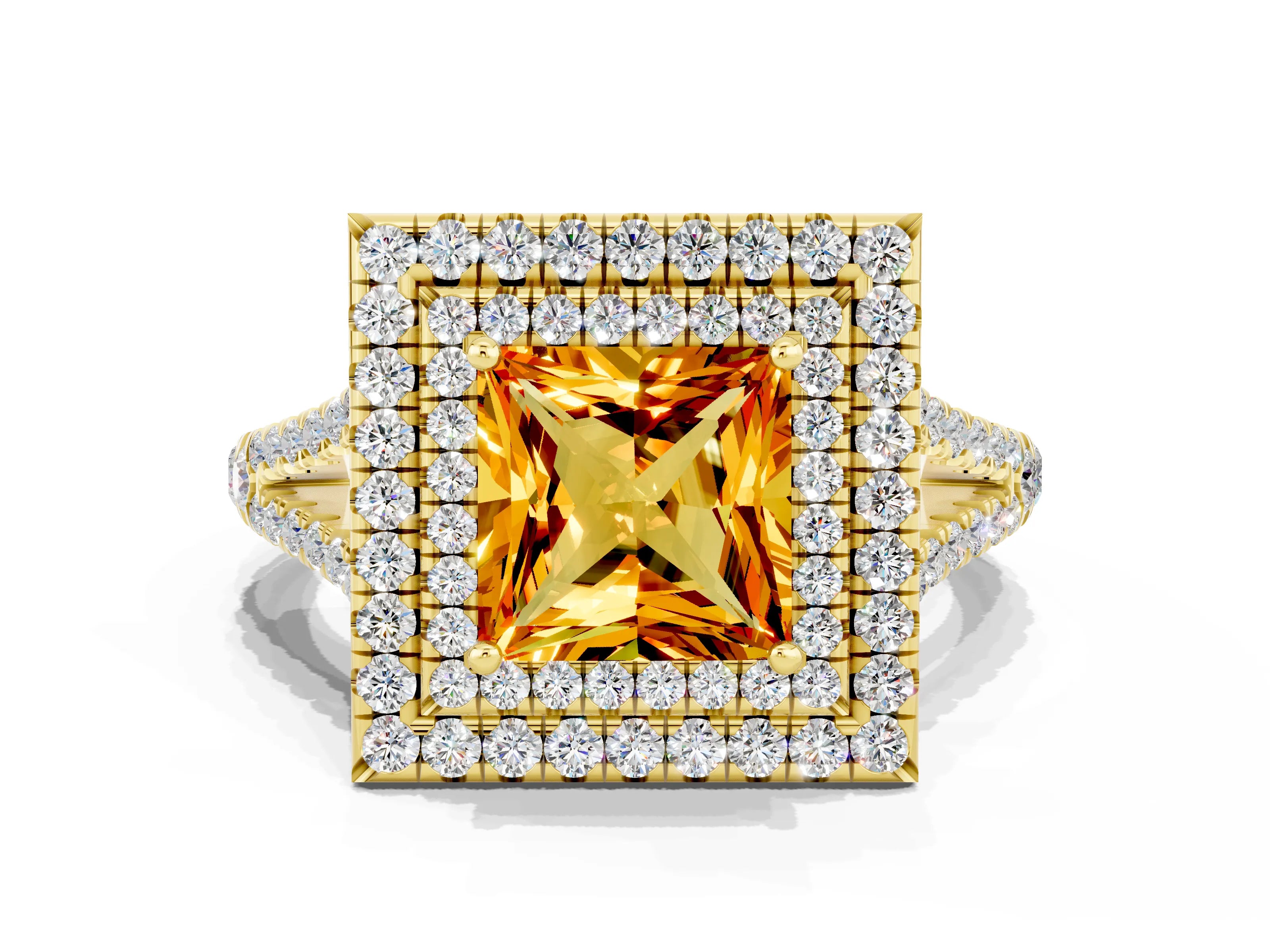 Yellow gold Princess Cut Citrine Double Halo Ring with Pavé Band and Prong Setting_12