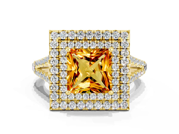Yellow gold Princess Cut Citrine Double Halo Ring with Pavé Band and Prong Setting
