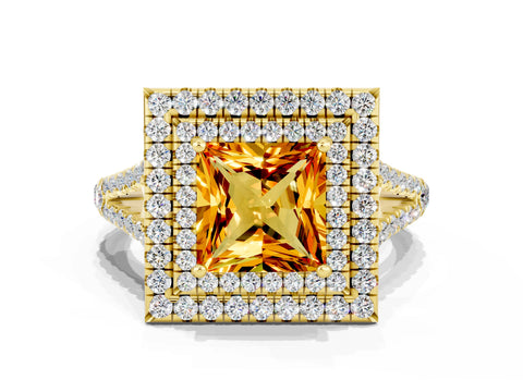 Yellow gold Princess Cut Citrine Double Halo Ring with Pavé Band and Prong Setting_12