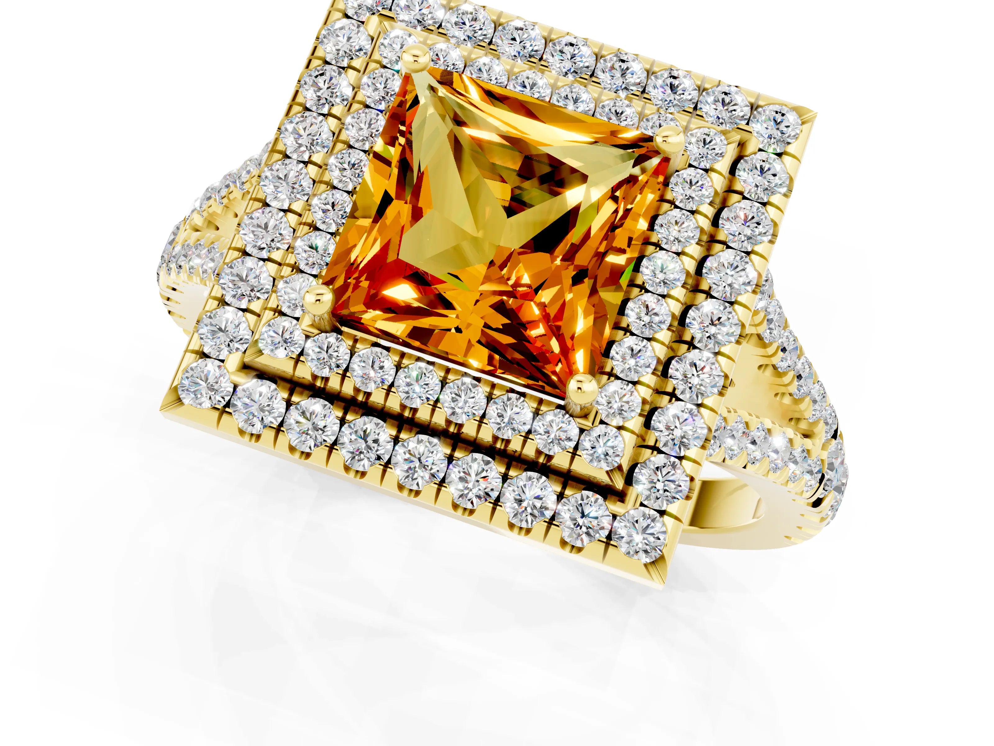 Yellow gold Princess Cut Citrine Double Halo Ring with Pavé Band and Prong Setting_13