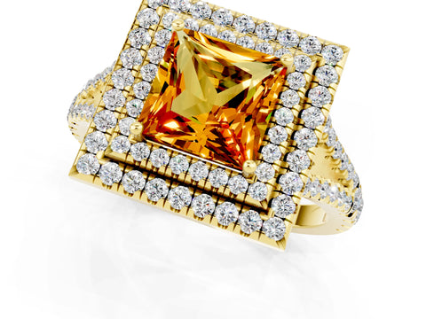 Yellow gold Princess Cut Citrine Double Halo Ring with Pavé Band and Prong Setting_13