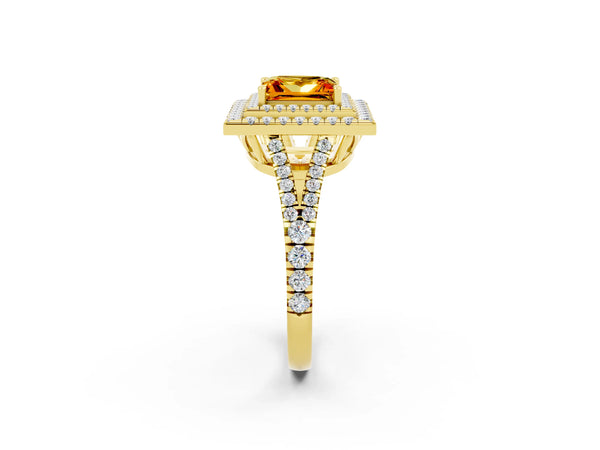 Yellow gold Princess Cut Citrine Double Halo Ring with Pavé Band and Prong Setting