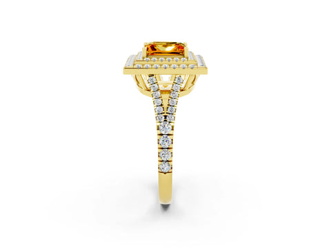 Yellow gold Princess Cut Citrine Double Halo Ring with Pavé Band and Prong Setting_14