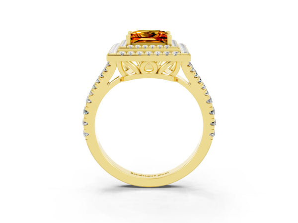 Yellow gold Princess Cut Citrine Double Halo Ring with Pavé Band and Prong Setting